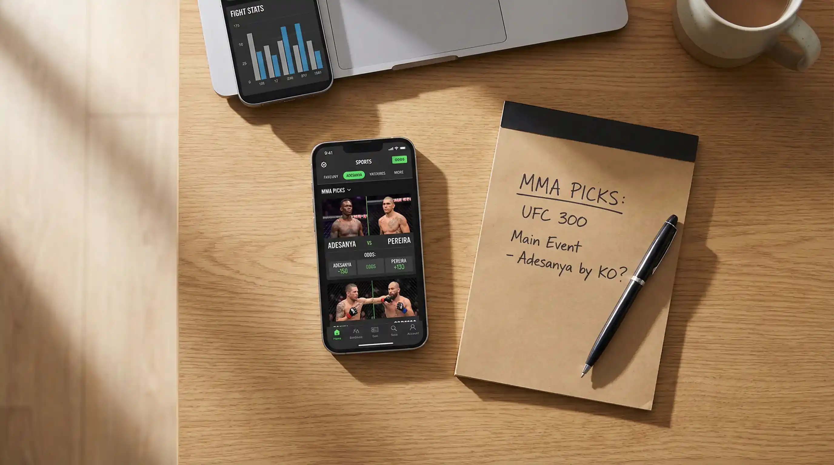 Ekran bukmachera z różnymi typami zakładów na walkę UFC — moneyline, metoda zwycięstwa, over/under
