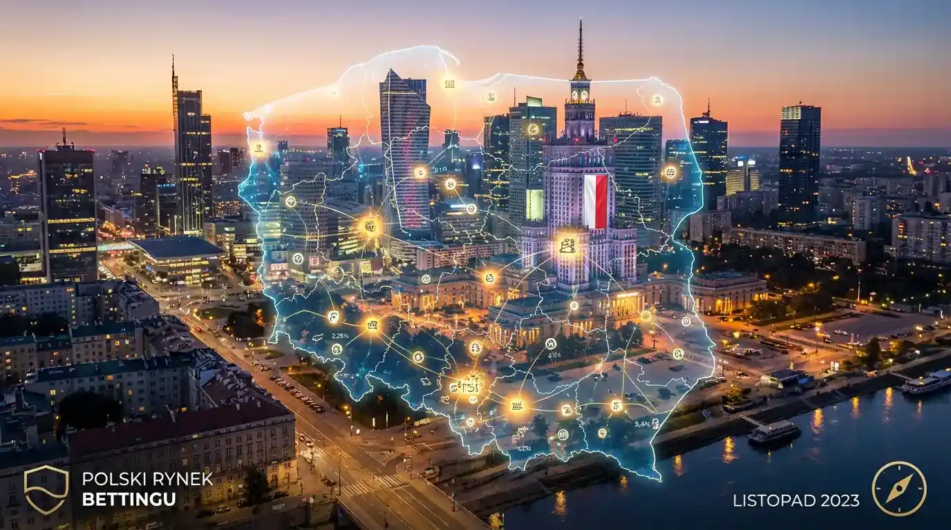 Mapa Polski z zaznaczonymi siedzibami licencjonowanych bukmacherow i danymi o obrotach rynku