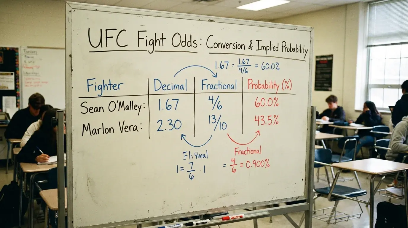 Tablica z kursami bukmacherskimi na walke UFC w formacie decymalnym i procentowym